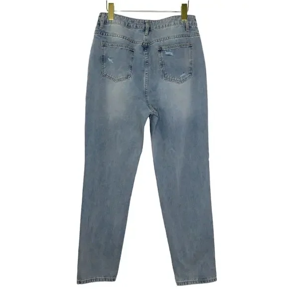 Shein Light Wash High Rise Straight Leg Mom Jeans Ripped Knee Large 30" - Picture 7 of 10